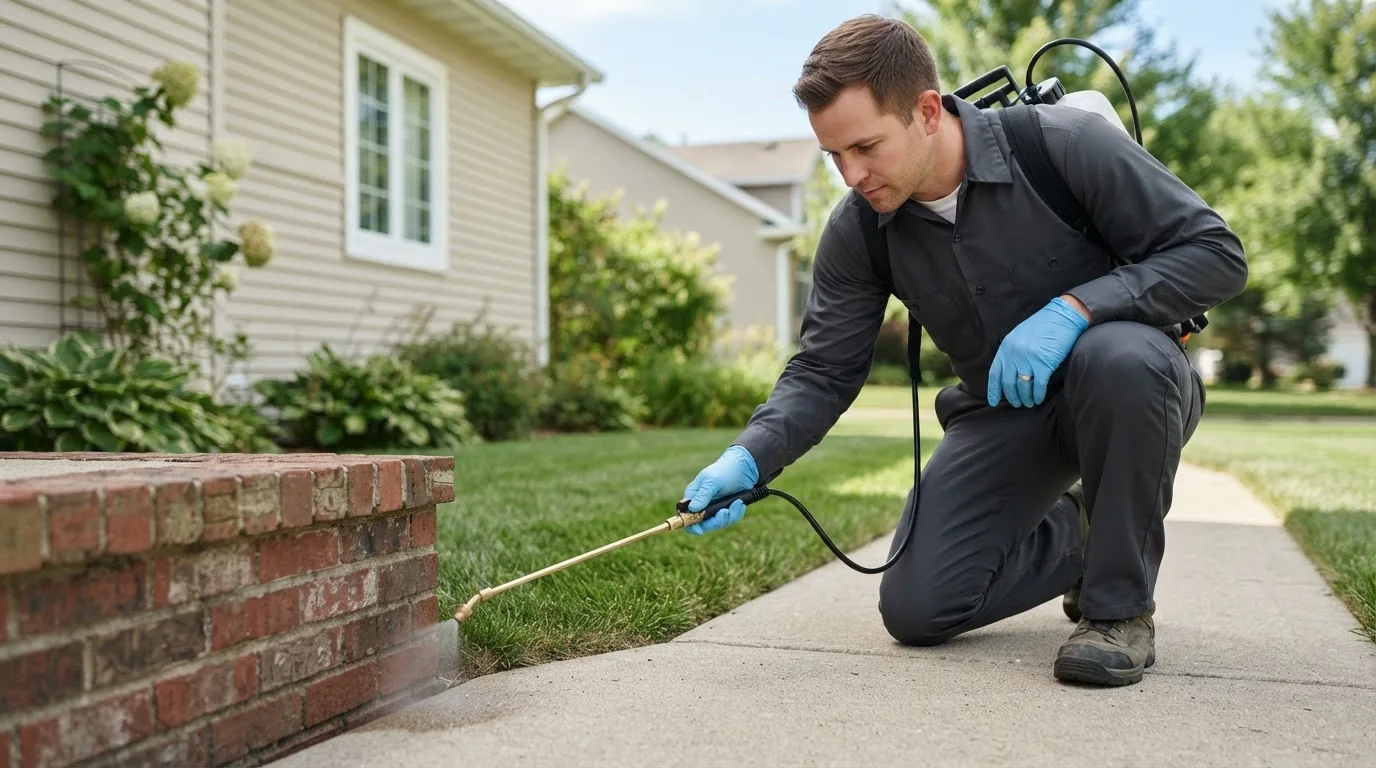 Pest control technician treating a home near Currie, MN