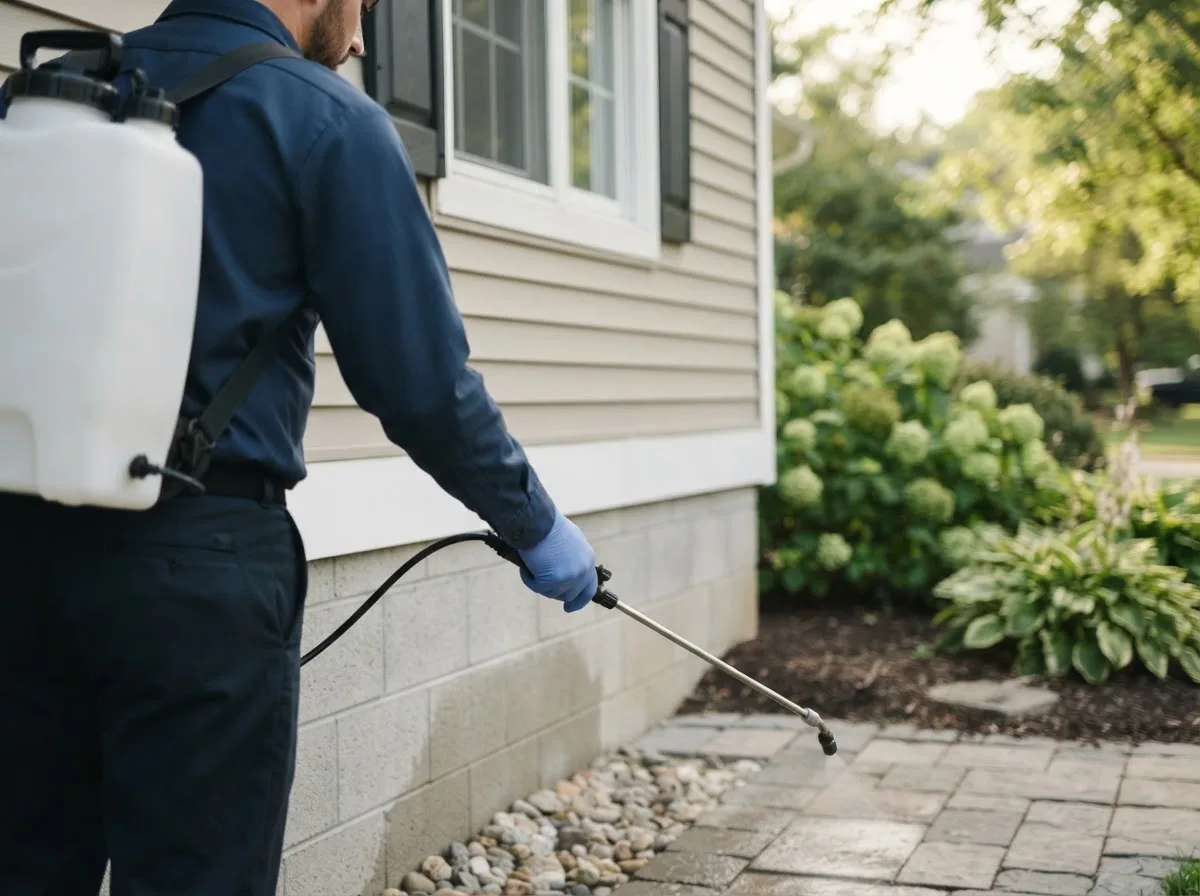 Pest control technician inspecting a home in Currie, MN
